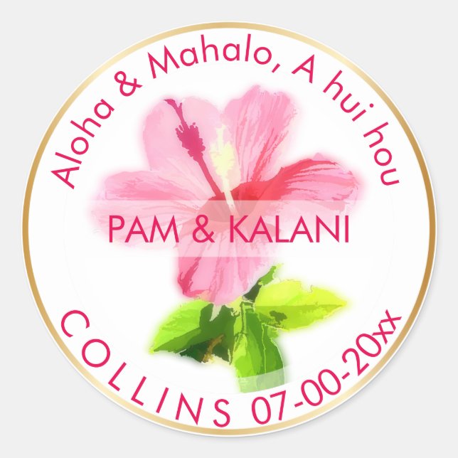 Pegatina Redonda PixDezines Pink Hibiscus/Aloha/Mahalo/Gracias (Anverso)