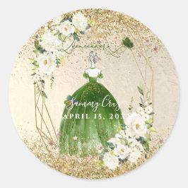 Pegatina Redonda PixDezines Quinceanera H2 Vestido verde esmeralda