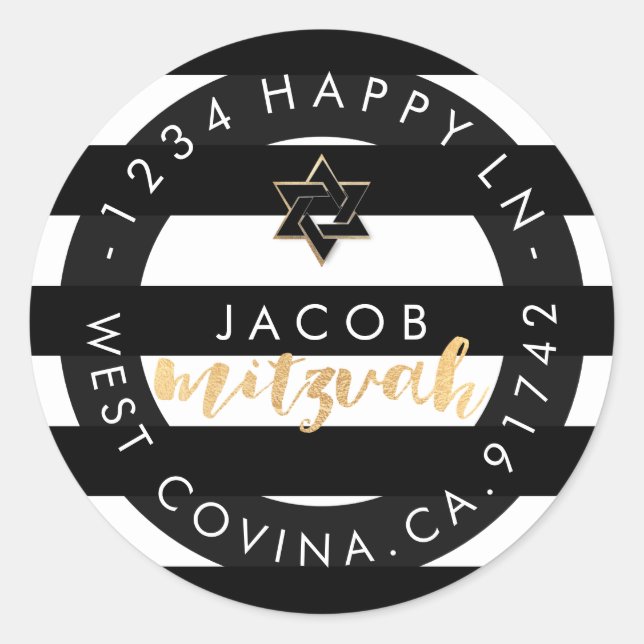 Pegatina Redonda PixDezines rayas negras+blancas mitzvah retorno añ (Anverso)