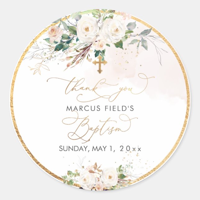 Pegatina Redonda PixDezines rosas acuarela rosa desvanecido Bautizo (Anverso)