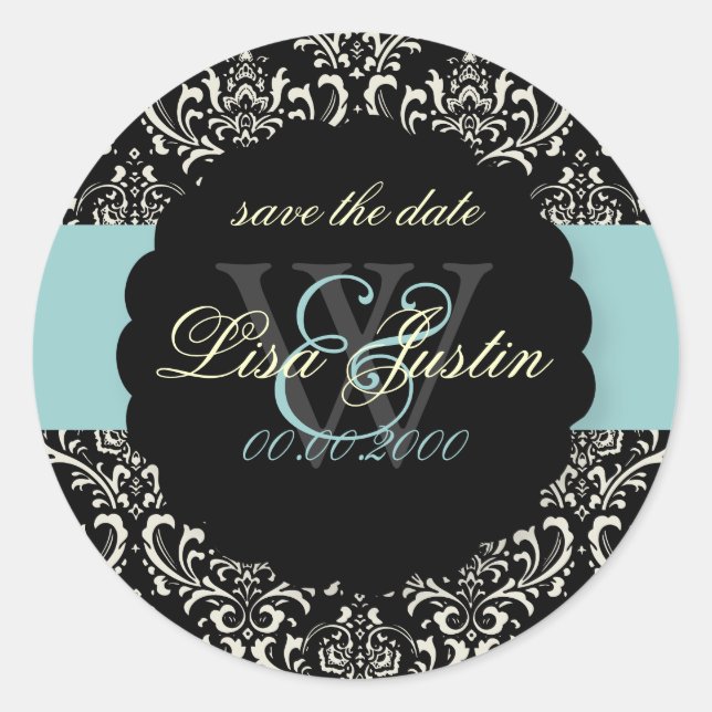 Pegatina Redonda PixDezines Rossi Damask/Black+Blue (Anverso)