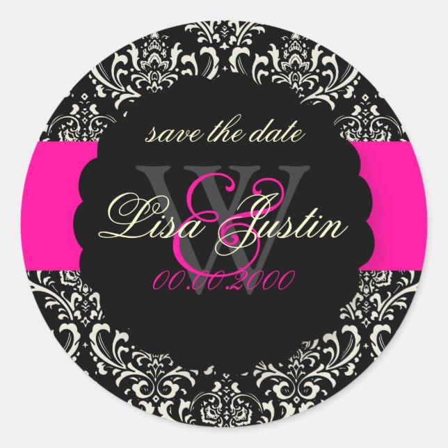 Pegatina Redonda PixDezines Rossi Damask/Black+Hot Pink (Anverso)