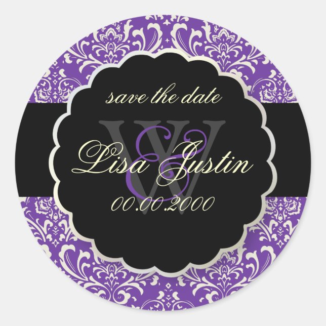 Pegatina Redonda PixDezines Rossi Damask/Morado (Anverso)