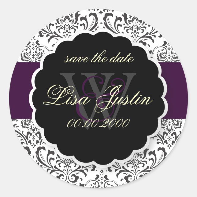 Pegatina Redonda PixDezines Rossi Damask/Purple, ¡DIY Color! (Anverso)