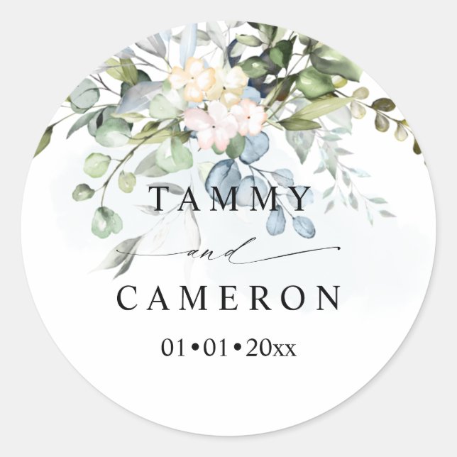 Pegatina Redonda PixDezines rústico acuarela azul goma eucalipto (Anverso)