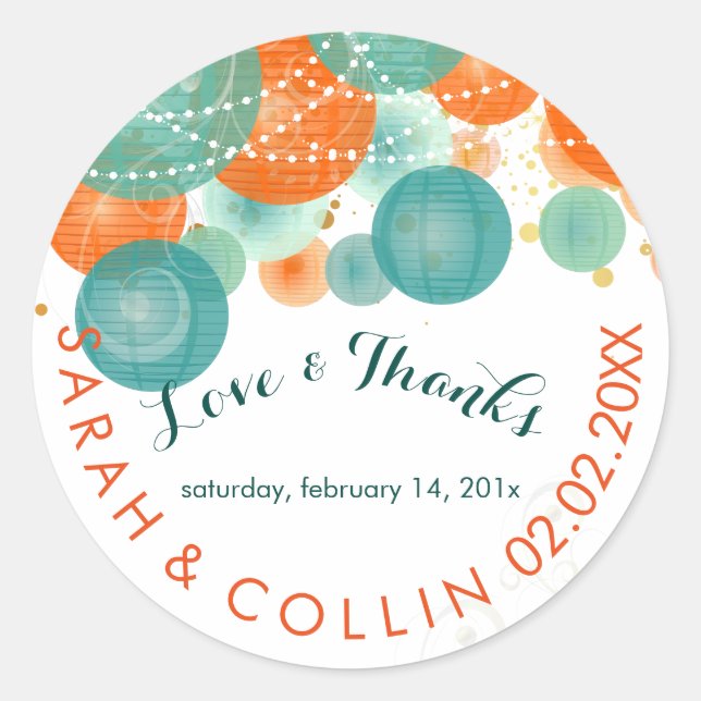 Pegatina Redonda PixDezines verde azulados+linternas naranjas/fondo (Anverso)