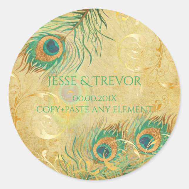 Pegatina Redonda PixDezines VINTAGE FAUX GOLD PEACOCK FEATHER (Anverso)