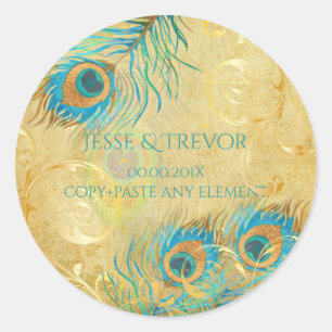 Pegatina Redonda PixDezines VINTAGE FAUX GOLD PEACOCK FEATHER