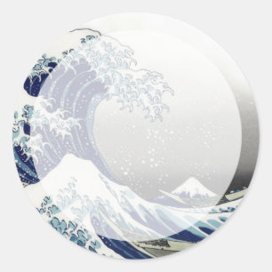 Pegatina Redonda PixDezines Vintage, Gran Ola, Hokusai 葛飾北斎の神奈川沖浪
