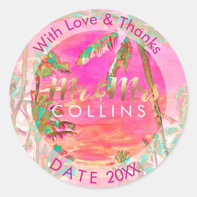 Pegatina Redonda PixDezines Vintage Hawaiian Beach/Gracias (Anverso)