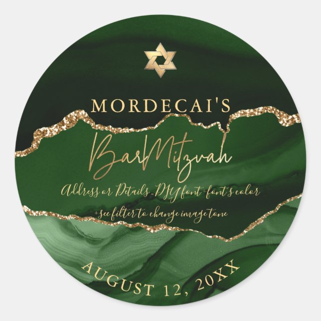 Pegatina Redonda PixDezines Watercolor Emerald Agate Bar Mitzvah (Anverso)
