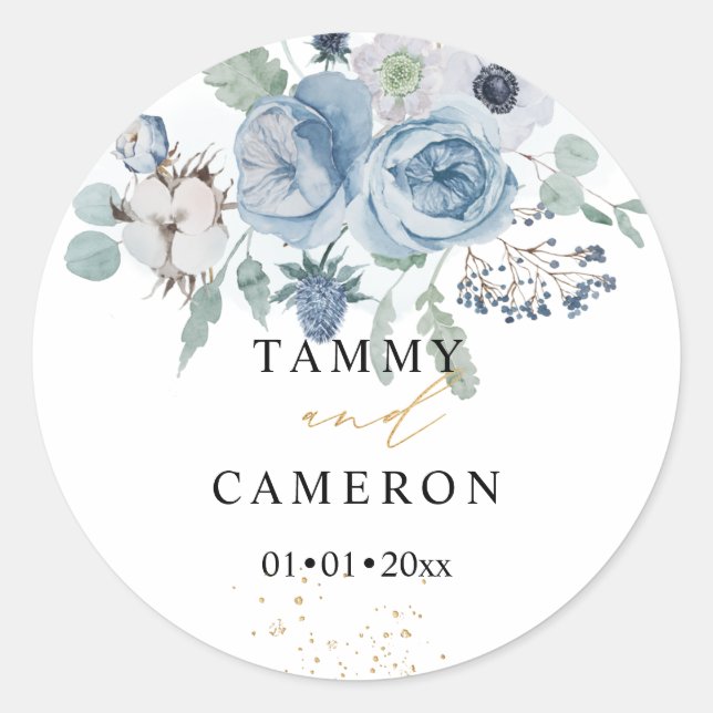 Pegatina Redonda PixDezines Watercolor Invierno Dusty Algodón Azul (Anverso)