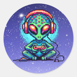 Pegatina Redonda Pixel Art Alien jugando videojuegos