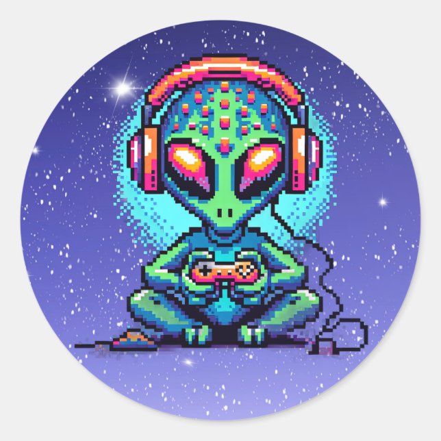 Pegatina Redonda Pixel Art Alien jugando videojuegos (Anverso)