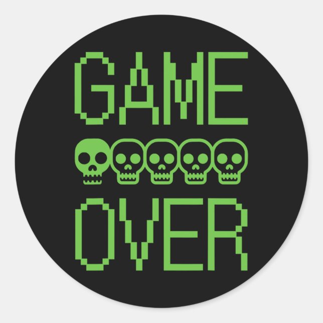 Pegatina Redonda Pixel Gamer Skull Game Over Retro Video Game Arcad (Anverso)