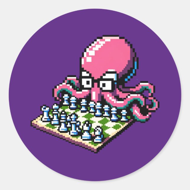 Pegatina Redonda Pixel Octopus Chess Retro Strategy Board Game Art (Anverso)