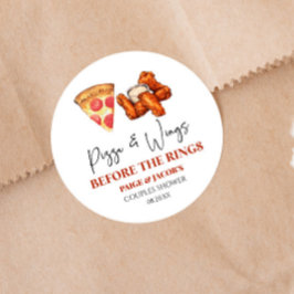 Pegatina Redonda Pizza and Wings Before The Rings Couples Shower 