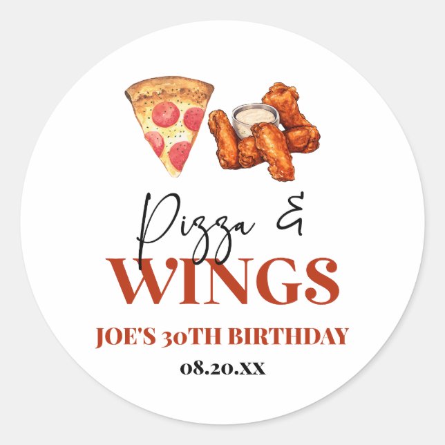 Pegatina Redonda Pizza and Wings Birthday Party (Anverso)