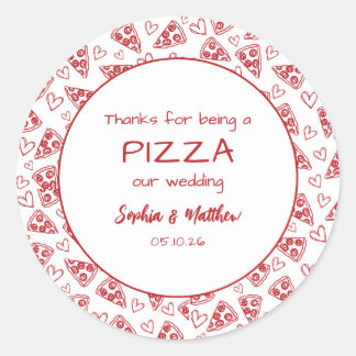 Pegatina Redonda Pizza boda luego de la mano roja italiana del Fies