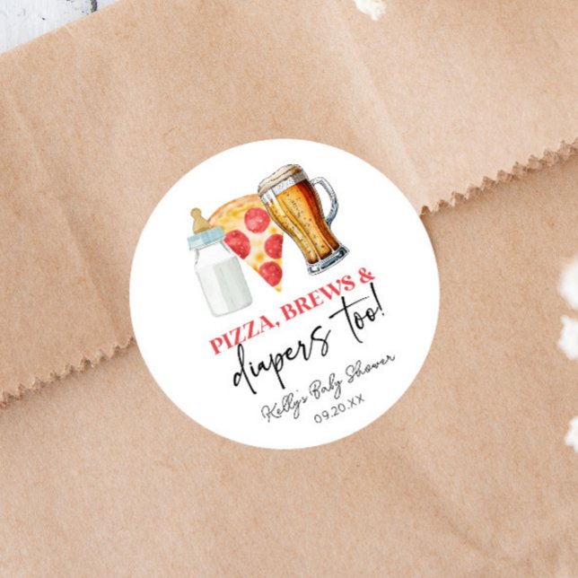 Pegatina Redonda ¡Pizza, Cervezas y Pañales También! Baby Shower (Subido por el creador)