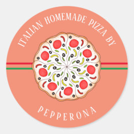 Pegatina Redonda pizza de pepperoni personalizada rosa negocio tien