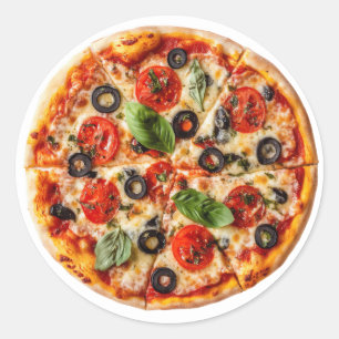 Pegatina Redonda pizza italiana con tomates, aceitunas y albahaca
