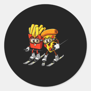 Pegatina Redonda Pizza papas fritas esquí divertido esquiador comid