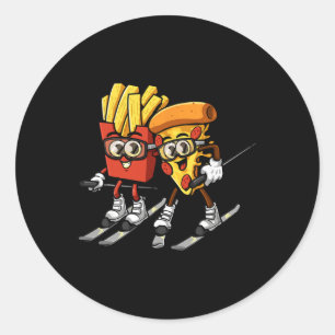 Pegatina Redonda Pizza Papas Fritas Esquí Divertido Esquiador Comid