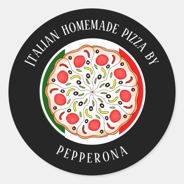 Pegatina Redonda Pizza profesional Bandera italiana Negocio negro (Anverso)
