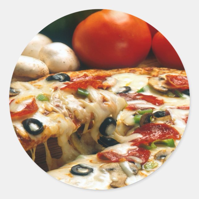 Pegatina Redonda Pizza Tomates Mushrooms Aceitunas Queso (Anverso)