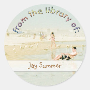 Pegatina Redonda Placa de biblioteca de lectura de playa