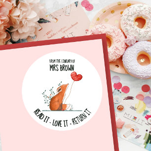 Pegatina Redonda Placa de libro personalizada de zorro lindo   Niño
