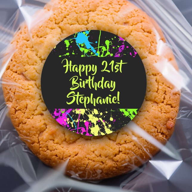 Pegatina Redonda Placa de pintura de neón retro Fiesta de los años  (custom 80s birthday party decorations favor sticker)