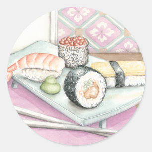 Pegatina Redonda Placa de sushi surtido con palillos
