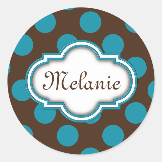 Pegatina Redonda Placa Nameplate con puntos de polka azul marrón qu (Anverso)