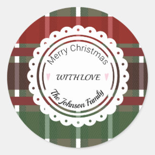 Pegatina Redonda Plaid de Navidad Festivo Vacacional Vintage
