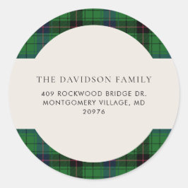 Pegatina Redonda Plaid de Navidad Tartán Verde Dirección Personaliz