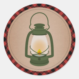 Pegatina Redonda Plaid Green Camping Lantern