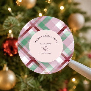 Pegatina Redonda Plaid Pastel Navideño Festivo