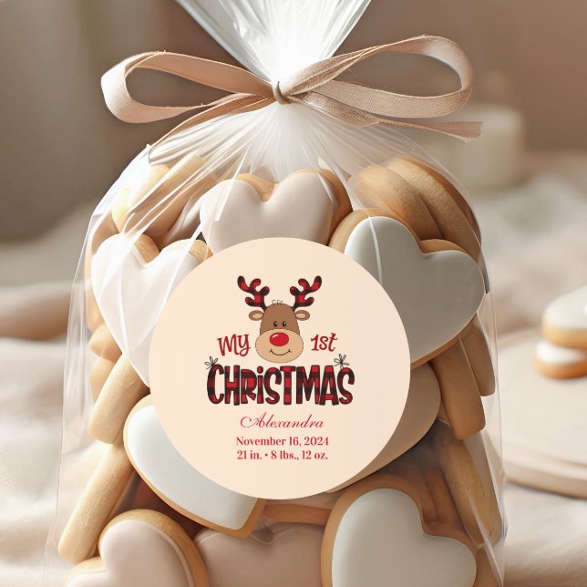 Pegatina Redonda Plaid Reindeer Baby First Christmas (Subido por el creador)