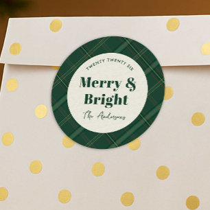 Pegatina Redonda Plaid Verde Pino Navidad Moderna Alegre y Brillant