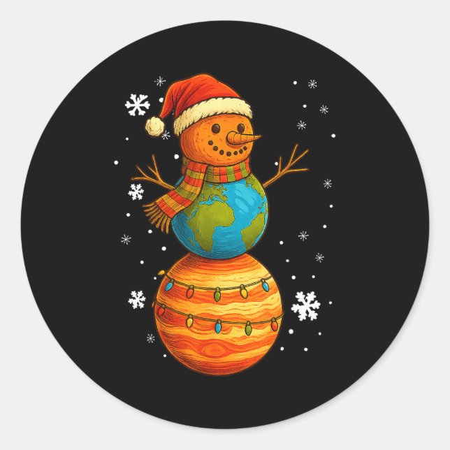 Pegatina Redonda Planet Snowman Earth Saturn Christmas Holiday Art  (Anverso)