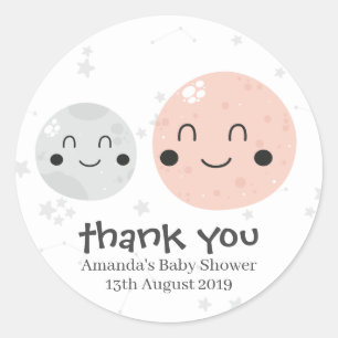 Pegatina Redonda Planeta kawaii rosado y Baby Shower de lunas