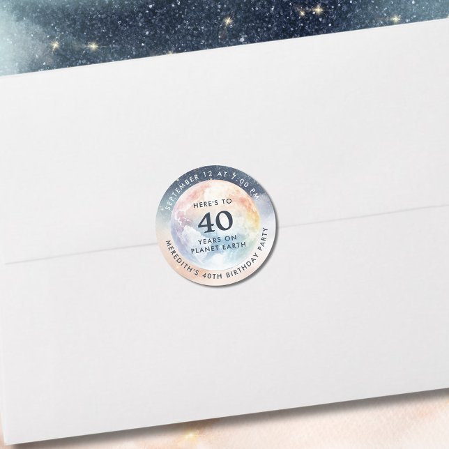 Pegatina Redonda Planeta Tierra Cielo Celeste 40 cumpleaños (Planet Earth Celestial Sky 40th Birthday Envelope Seal Stickers)