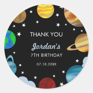 Pegatina Redonda Planetas de Cumpleaños en el Espacio Exterior Fies
