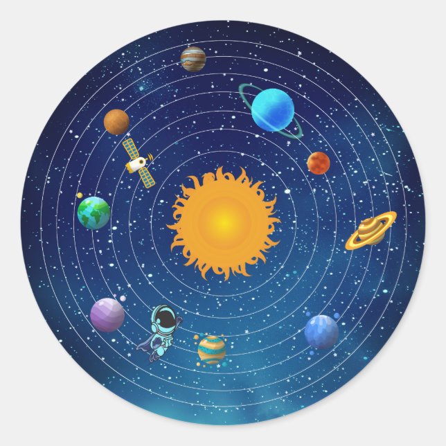 Pegatina Redonda Planetas de sistemas solares con sol y astronauta (Anverso)