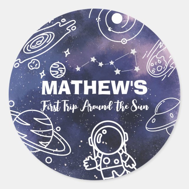 Pegatina Redonda Planetas del espacio exterior Astronauta Primer ni (Anverso)