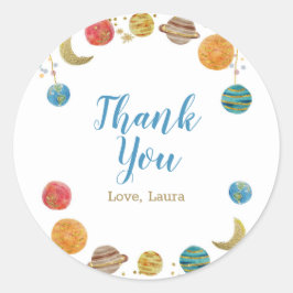 Pegatina Redonda Planetas Espacio Ultraterrestre Baby Shower Gold P