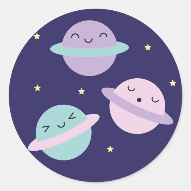 Pegatina Redonda Planetas Kawaii Pastel (Anverso)