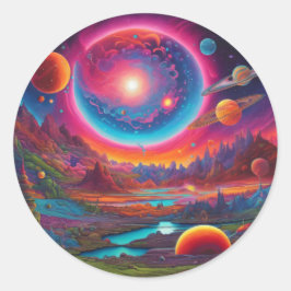 Pegatina Redonda Planetas salvajes arte psicodélico
